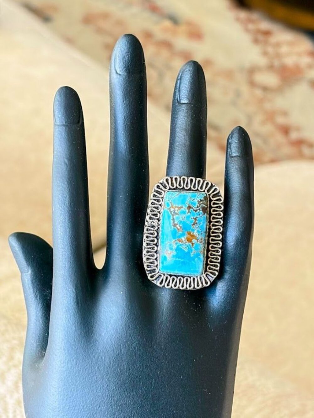 Tibetan Turquoise Rectangle Stone Statement Ring 925 Silver Plated - Size 7.5 - Picture 4 of 5